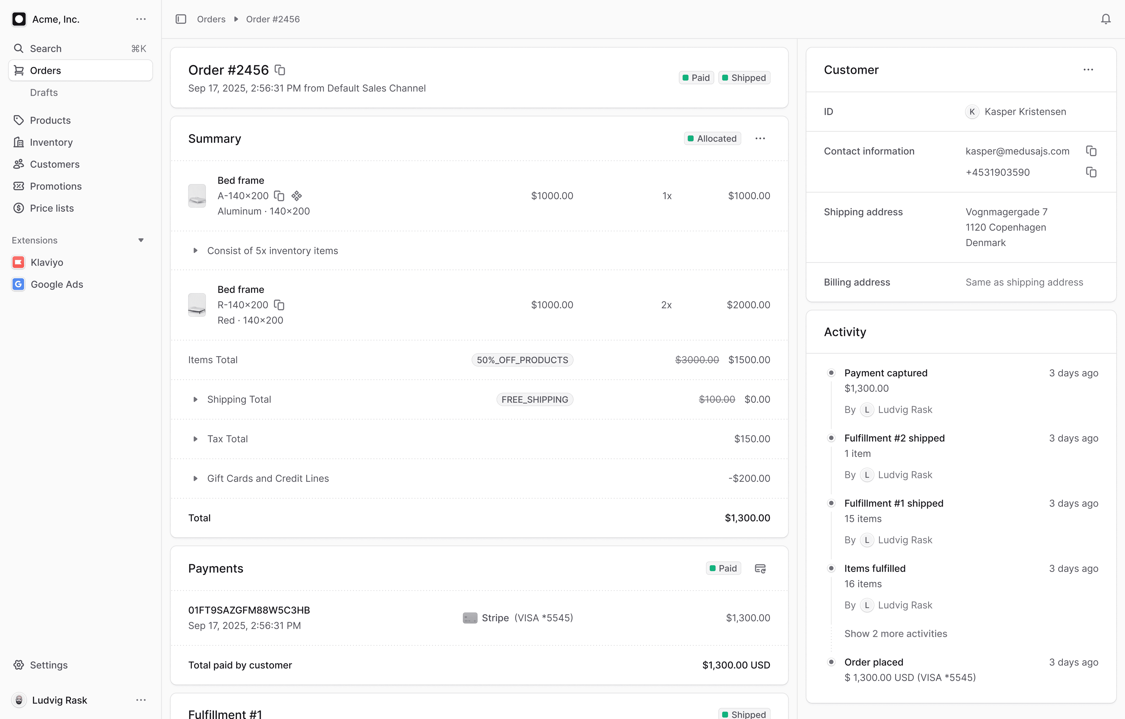 Medusa admin dashboard interface