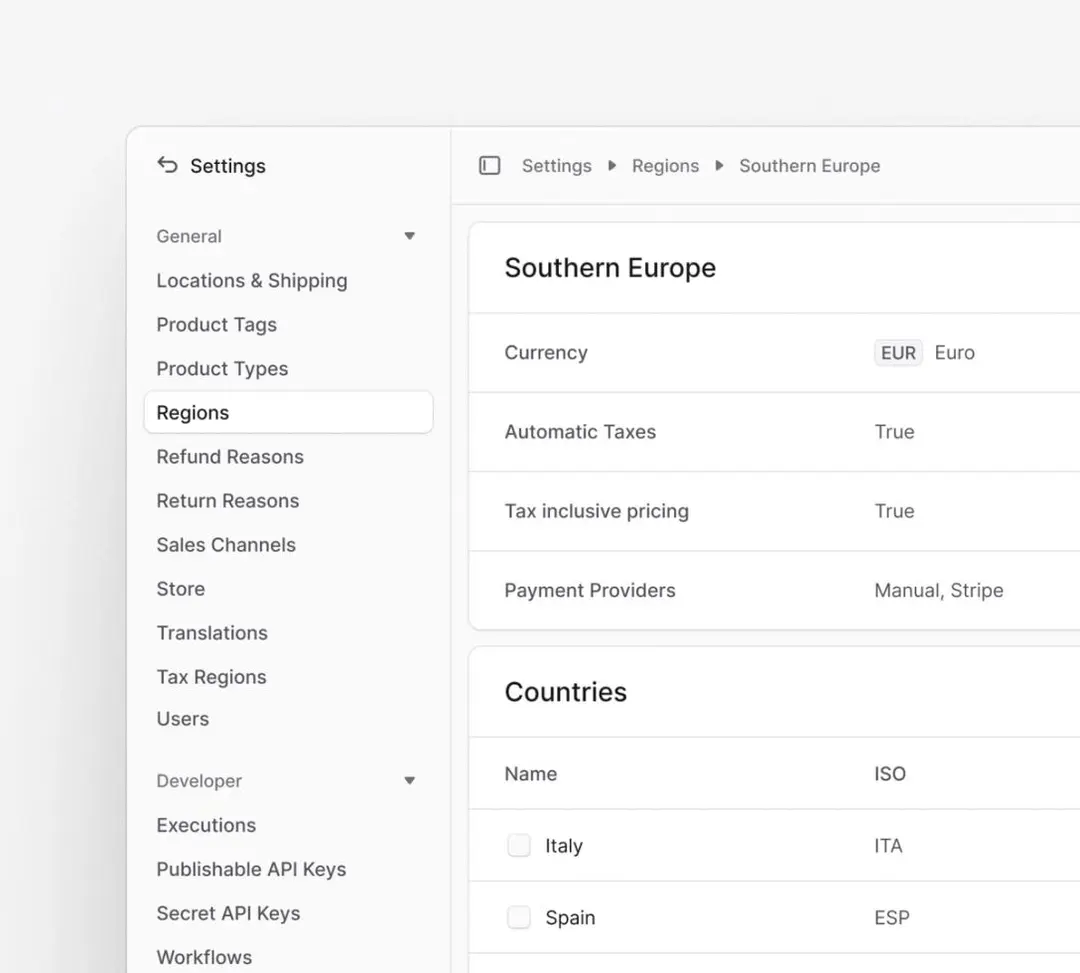 Medusa multi regional commerce interface